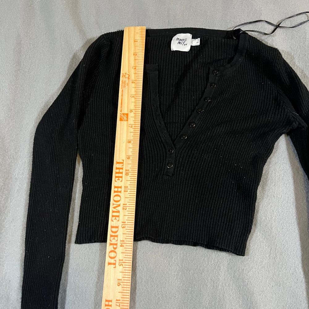 Princess Polly Ribbed Knit Crop Top Button Up V Neck Long Sleeve Black Sz 2 - Picture 4 of 6